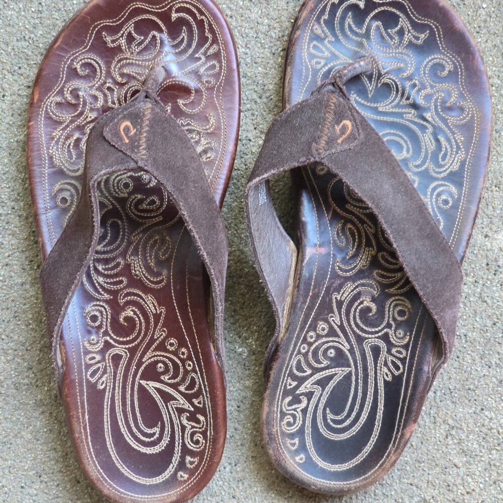 Olukai men's 10 10.5 Brown Paniolo (Mekila) Flip Flops Thong Sandals Stitched Le